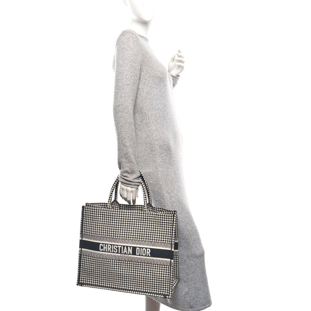 Canvas Houndstooth Embroidered Book Tote Black White