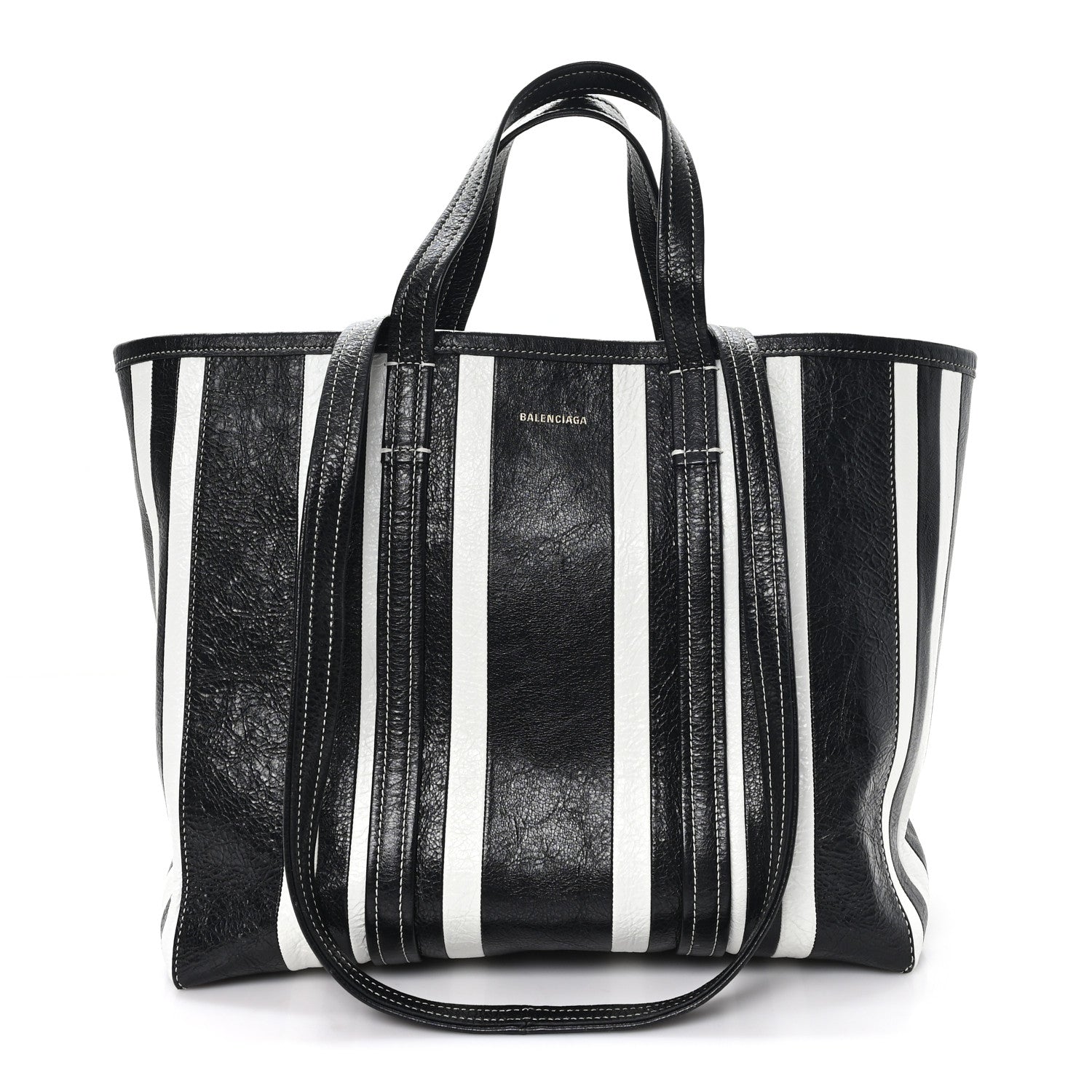 Agneau Arena Striped Patchwork Large Barbes East West Shopper Black White