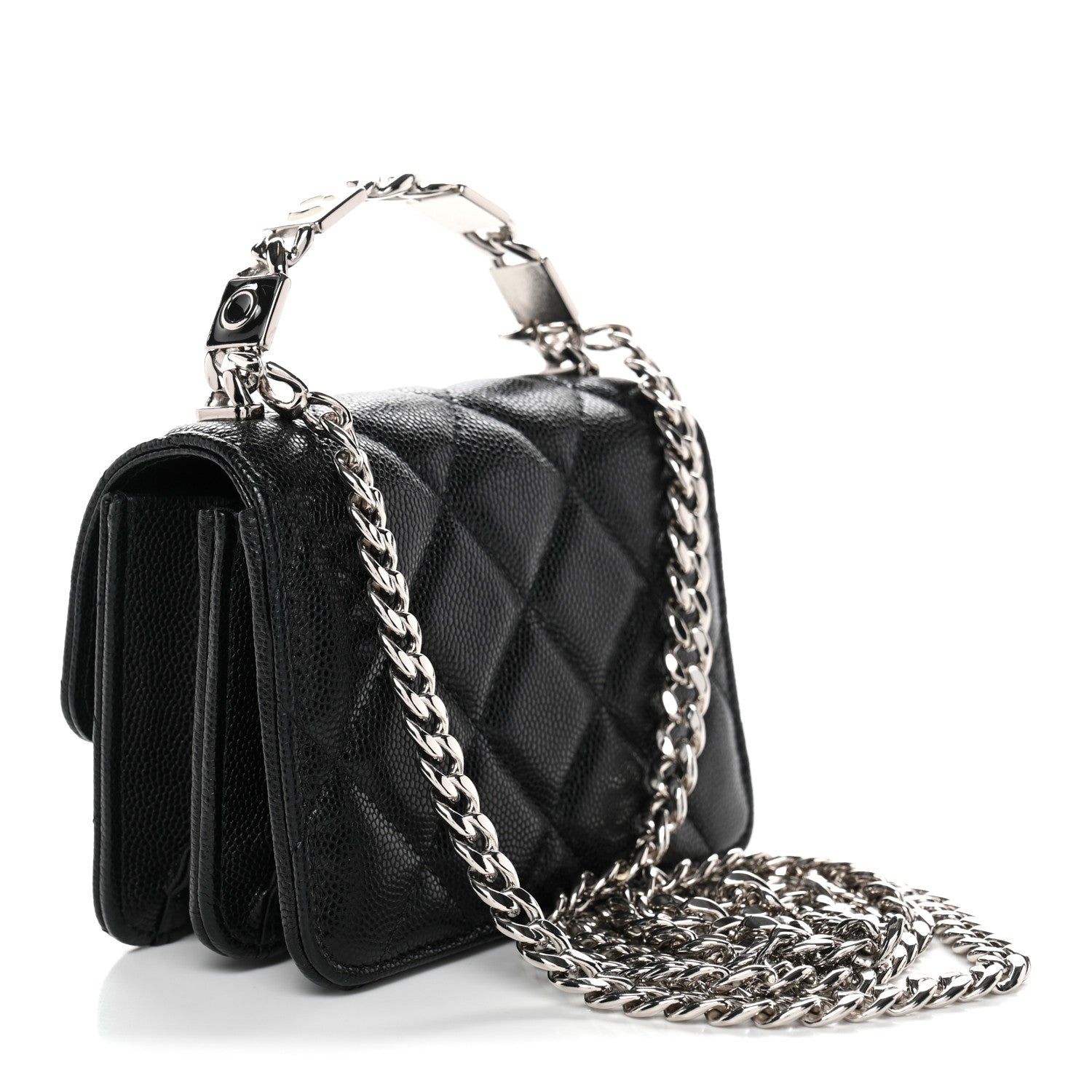Caviar Quilted Enamel Top Handle Flap Clutch With Chain Black