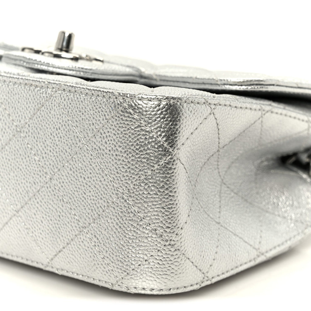 Metallic Caviar Quilted Mini Square CC Slide Flap Silver