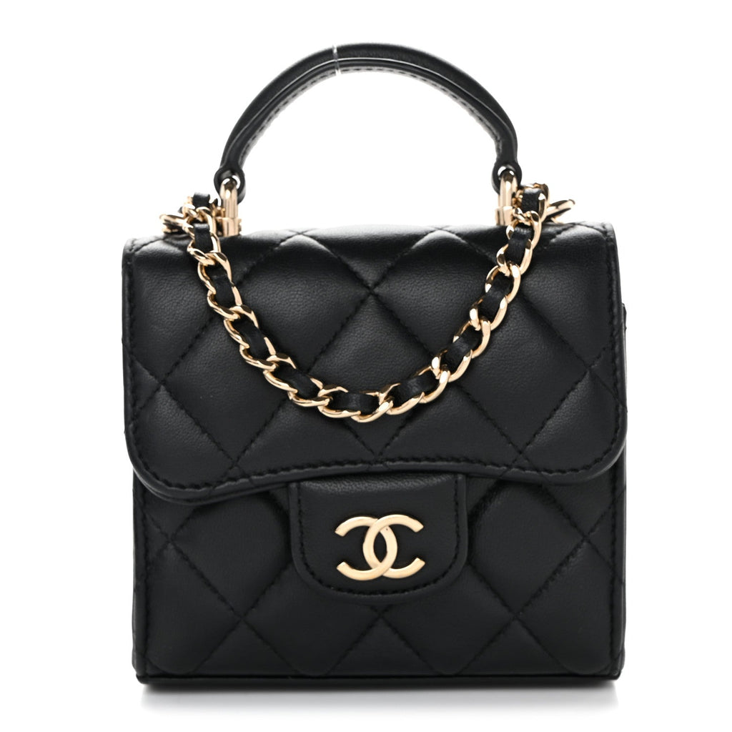 Lambskin Quilted Top Handle Flap Clutch With Chain Black