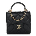 Lambskin Quilted Top Handle Flap Clutch With Chain Black