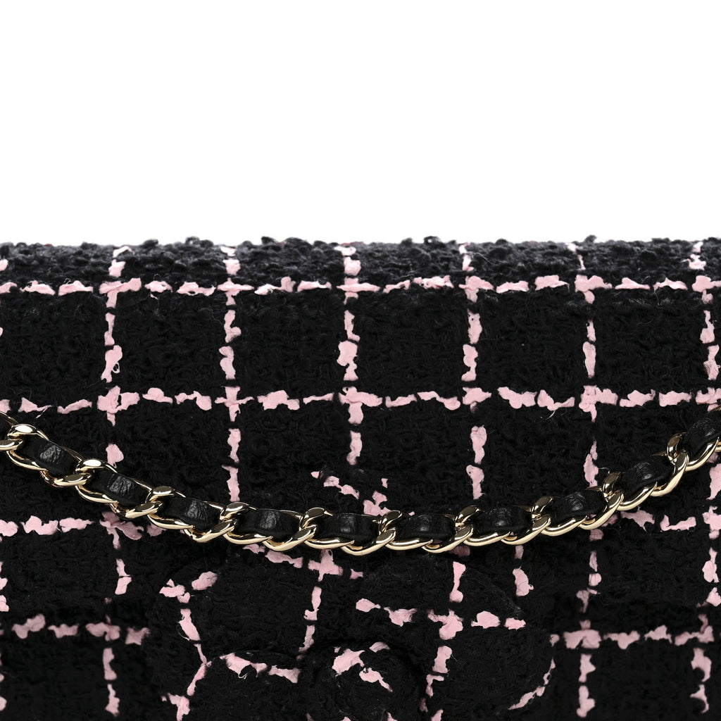 Tweed Quilted East West Camellia Clutch Black Pink