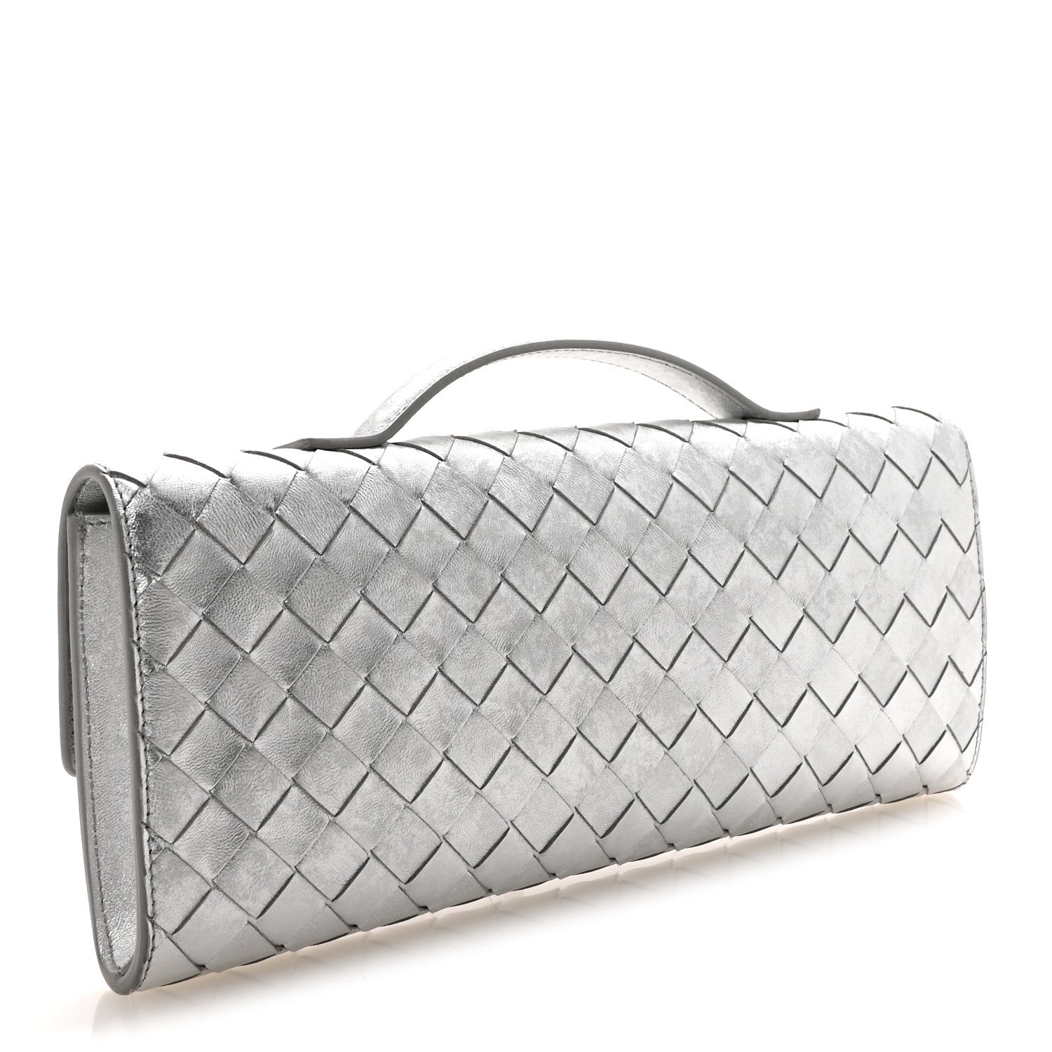 Metallic Lambskin Intrecciato Long Andiamo Top Handle Clutch Silver