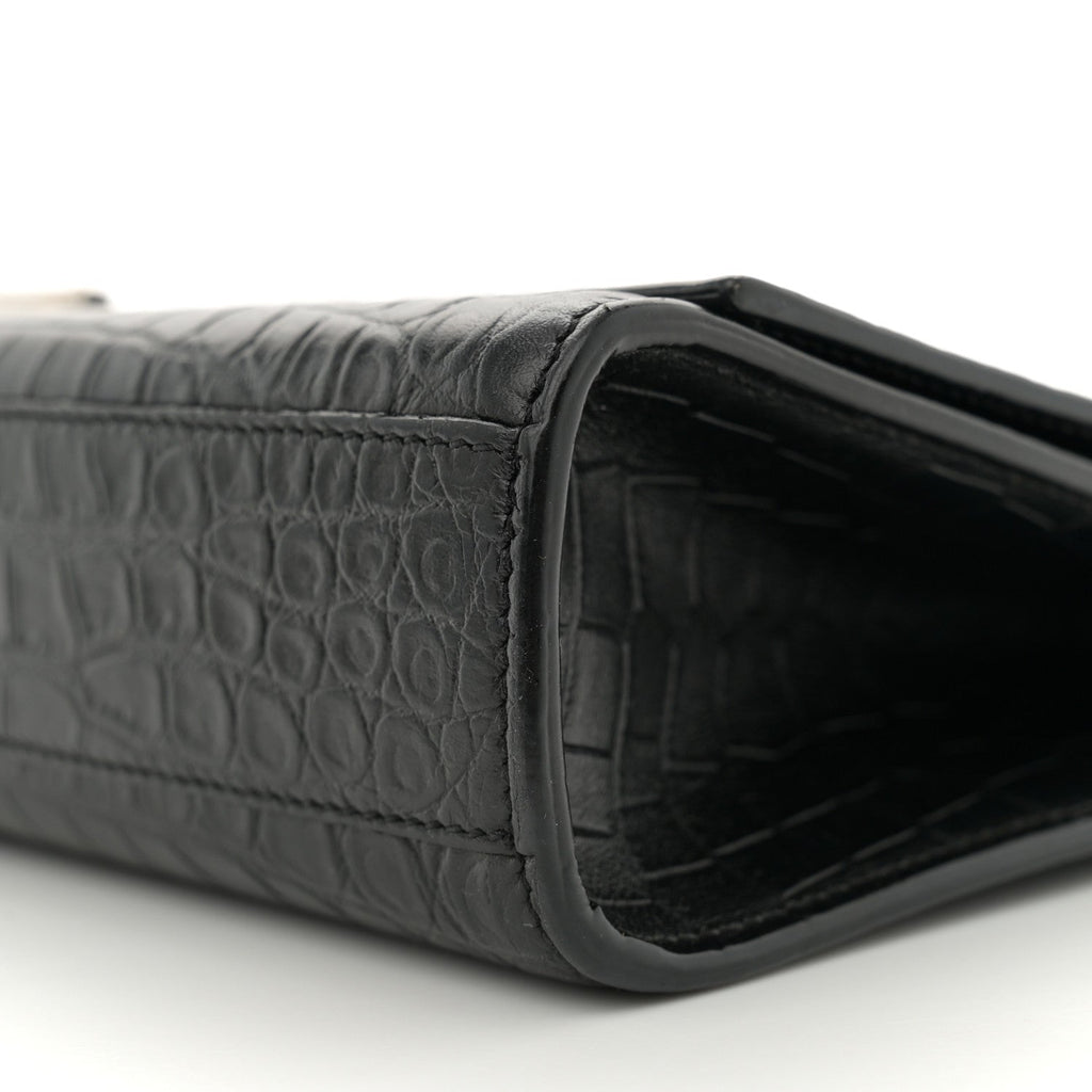 Calfskin Crocodile Embossed Large Classic Monogram Kate Satchel Black