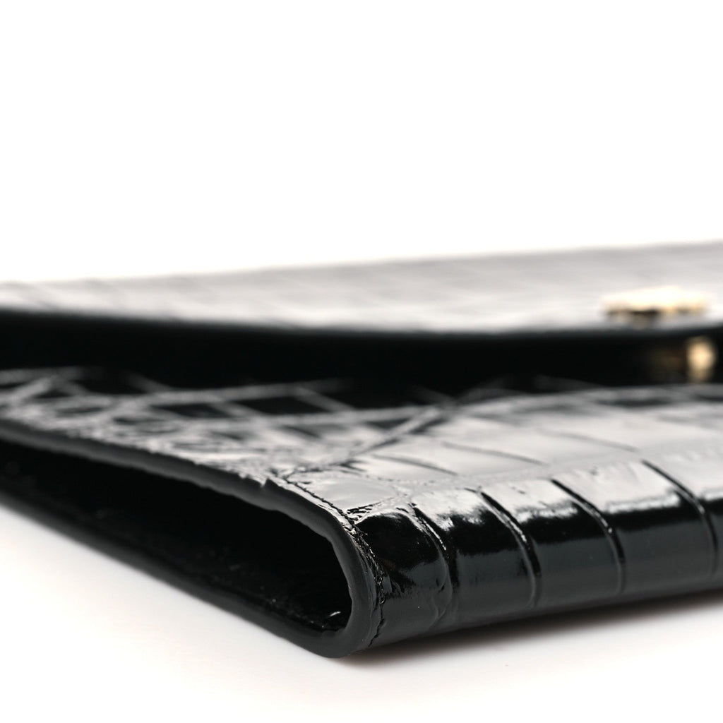 Calfskin Crocodile Embossed Croc Illusion Clutch With Chain  Black