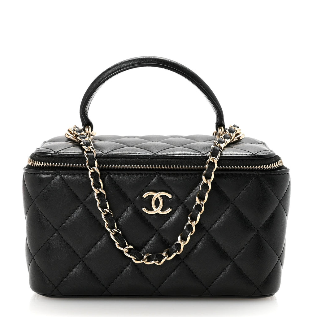 Lambskin Quilted Small Top Handle Vanity Case With Chain Black