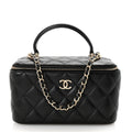 Lambskin Quilted Small Top Handle Vanity Case With Chain Black