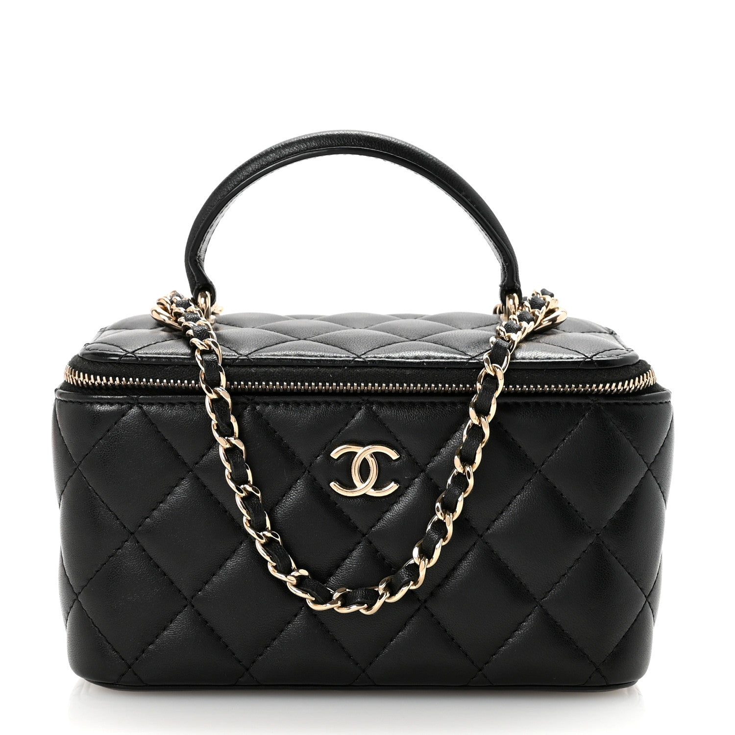 Lambskin Quilted Small Top Handle Vanity Case With Chain Black