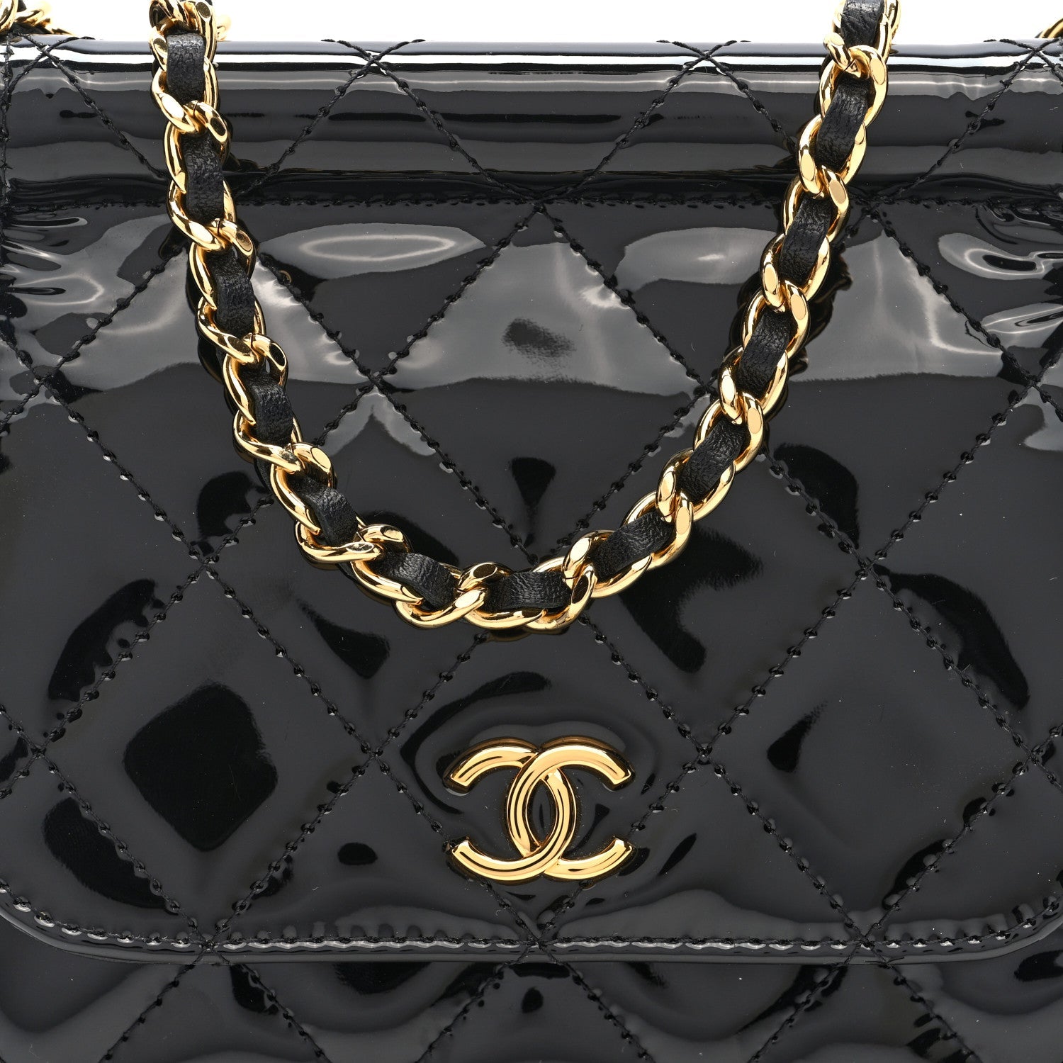 Patent Quilted Frame Clutch Flap With Chain Black