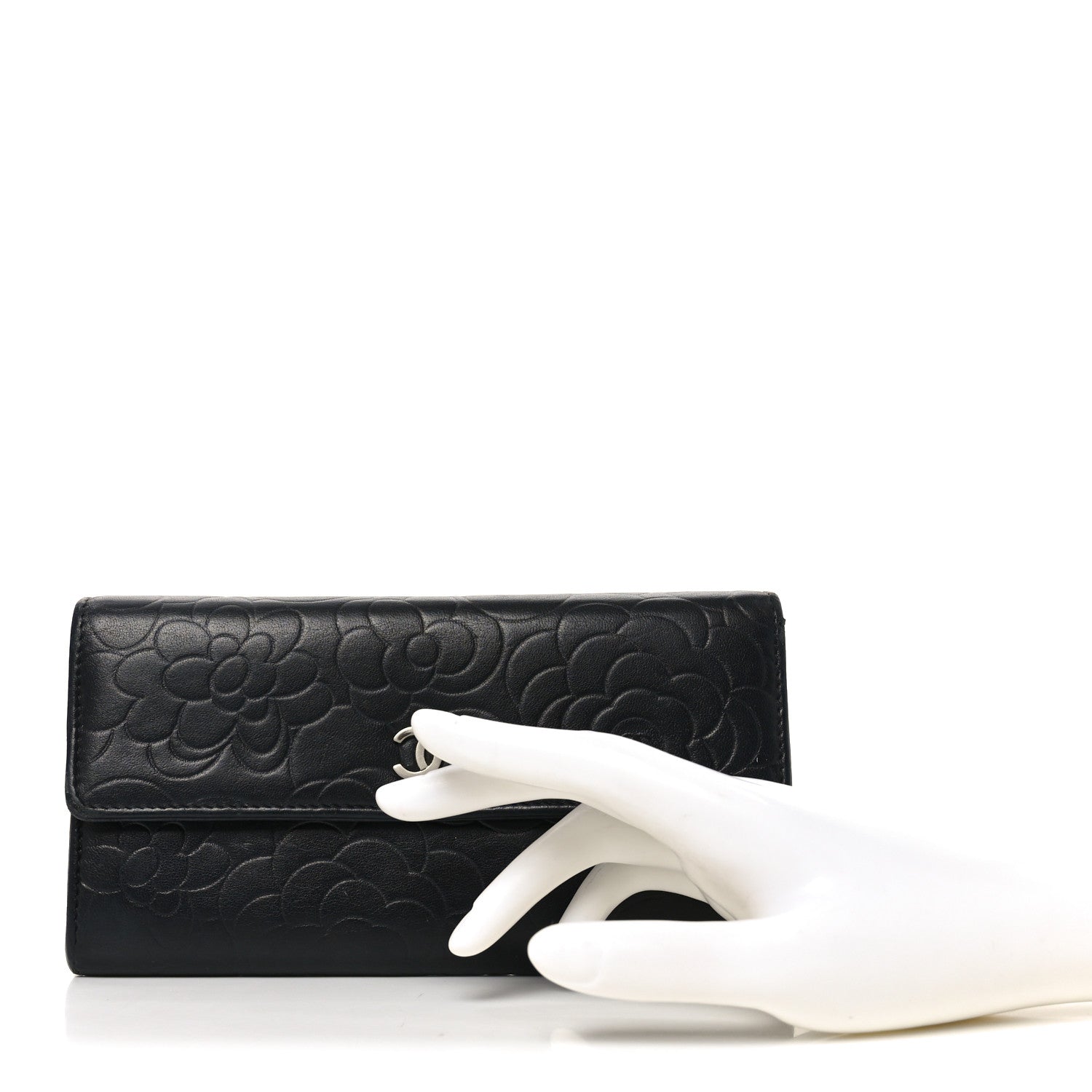 Lambskin Embossed Camellia Large Gusset Flap Wallet Black