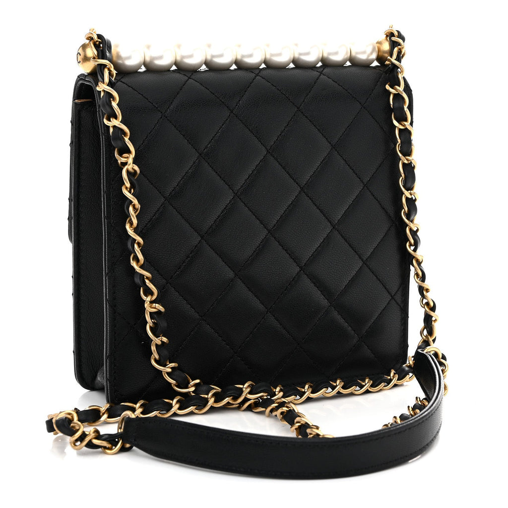 Goatskin Quilted Chic Pearls Flap Black