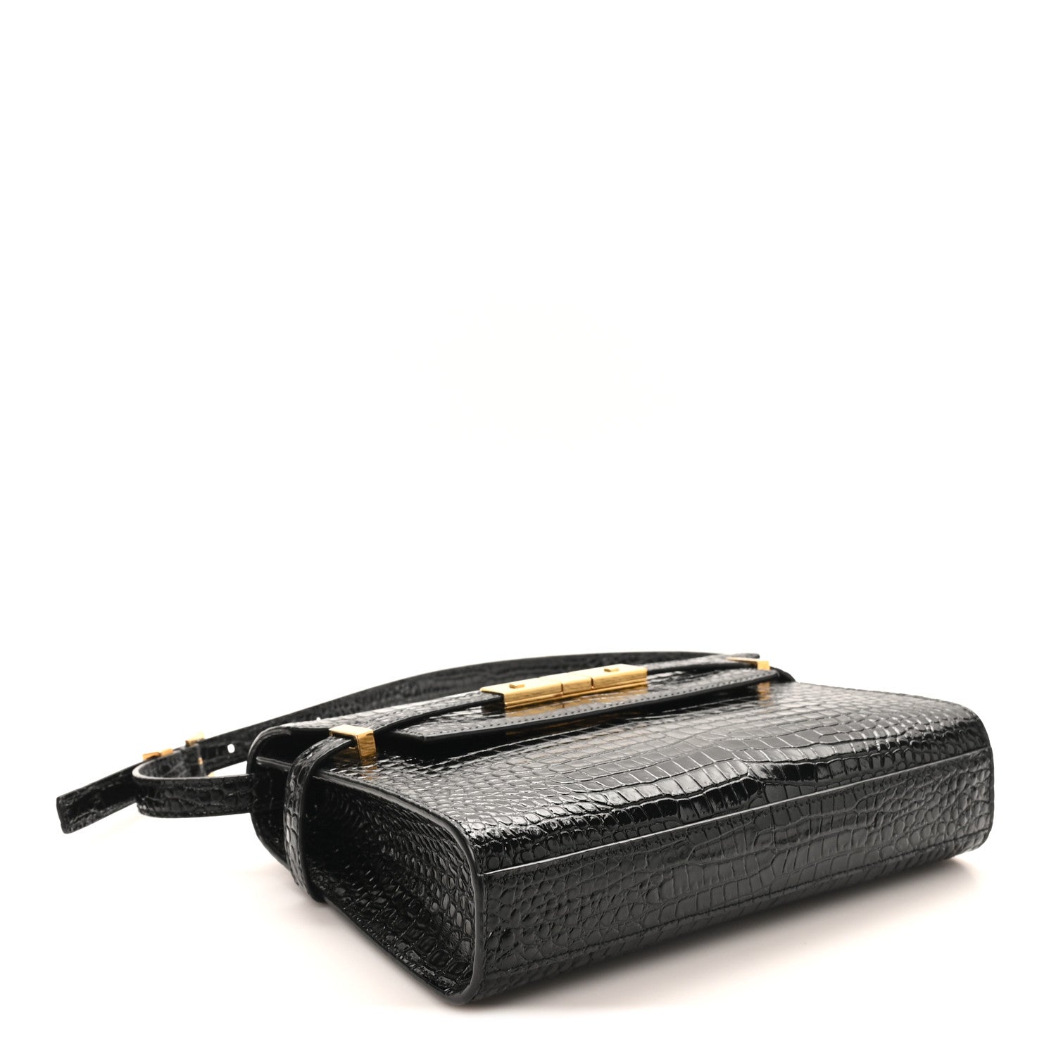 Shiny Calfskin Crocodile Embossed Small Manhattan Baguette Black