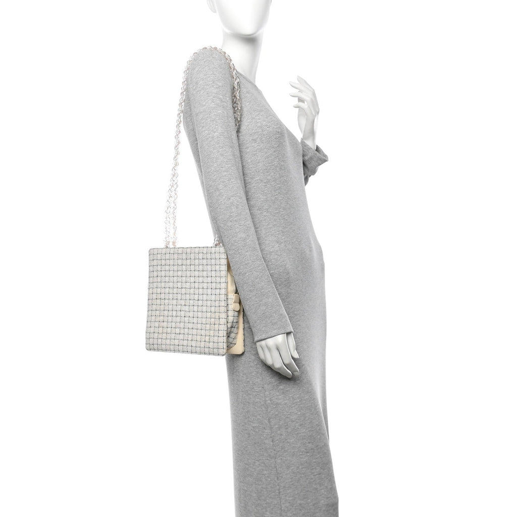 Tweed Resin Small Zipped Shopping Bag White Black