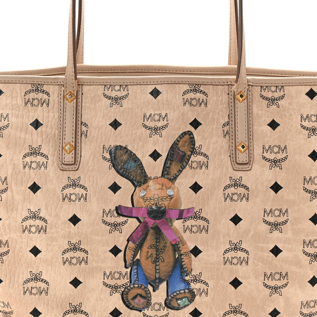 Visetos Medium Studded Rabbit Top Zip Shopper Tote Beige