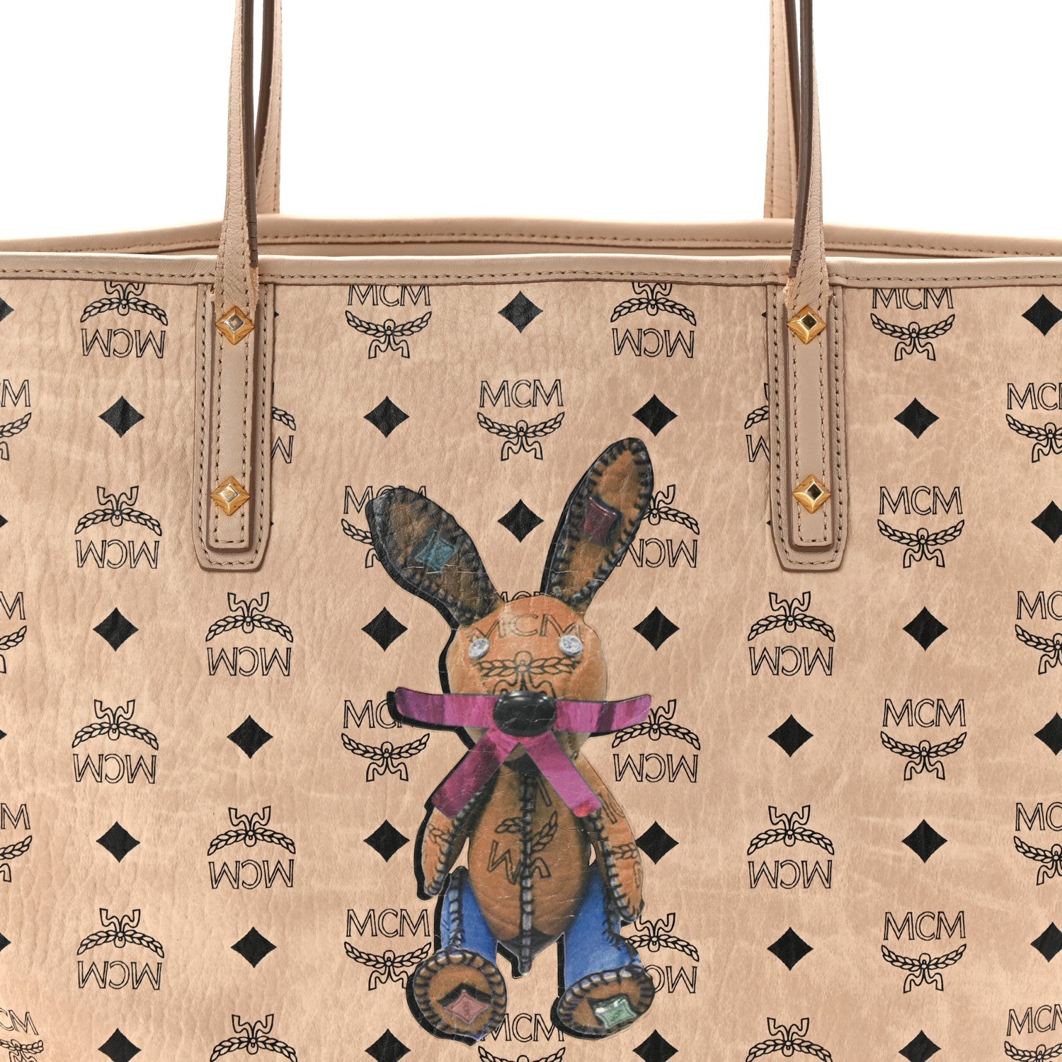 Visetos Medium Studded Rabbit Top Zip Shopper Tote Beige