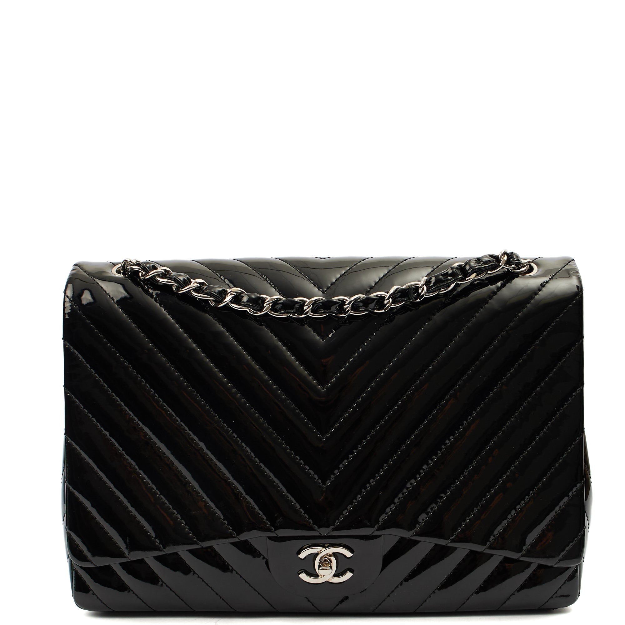 Chanel Shoulder Bag Chevron Flap Bag  in Black, Patent Leather