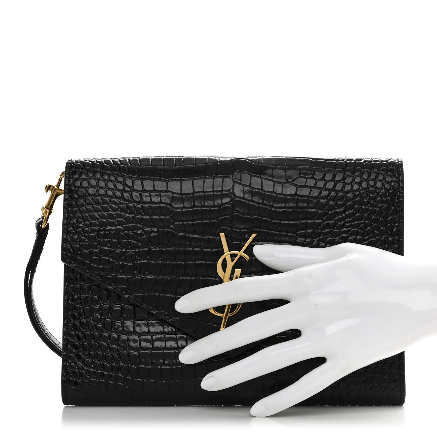 Calfskin Crocodile Embossed Monogram Cassandre Flap Pouch Black