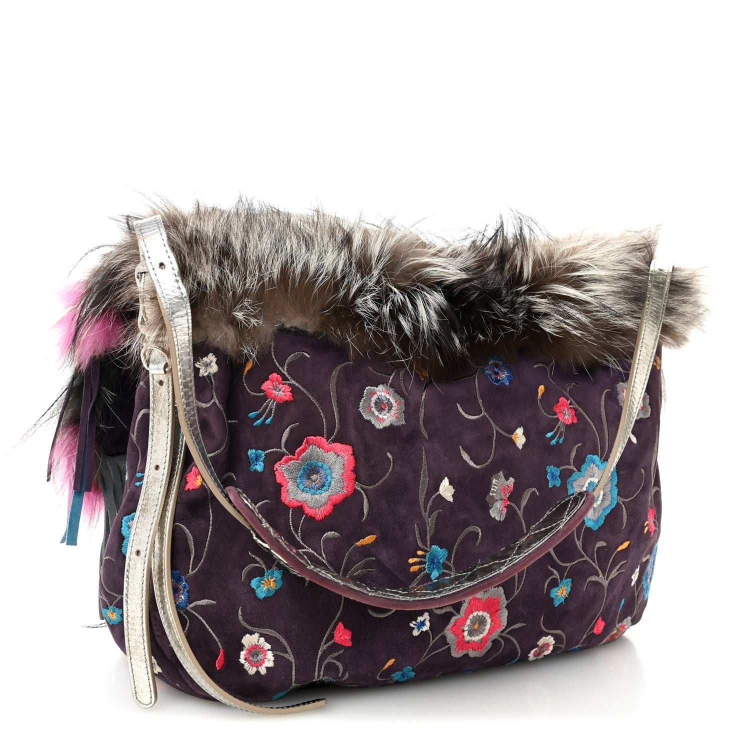 Fox Fur Suede Floral Embroidered Biker Shoulder Bag