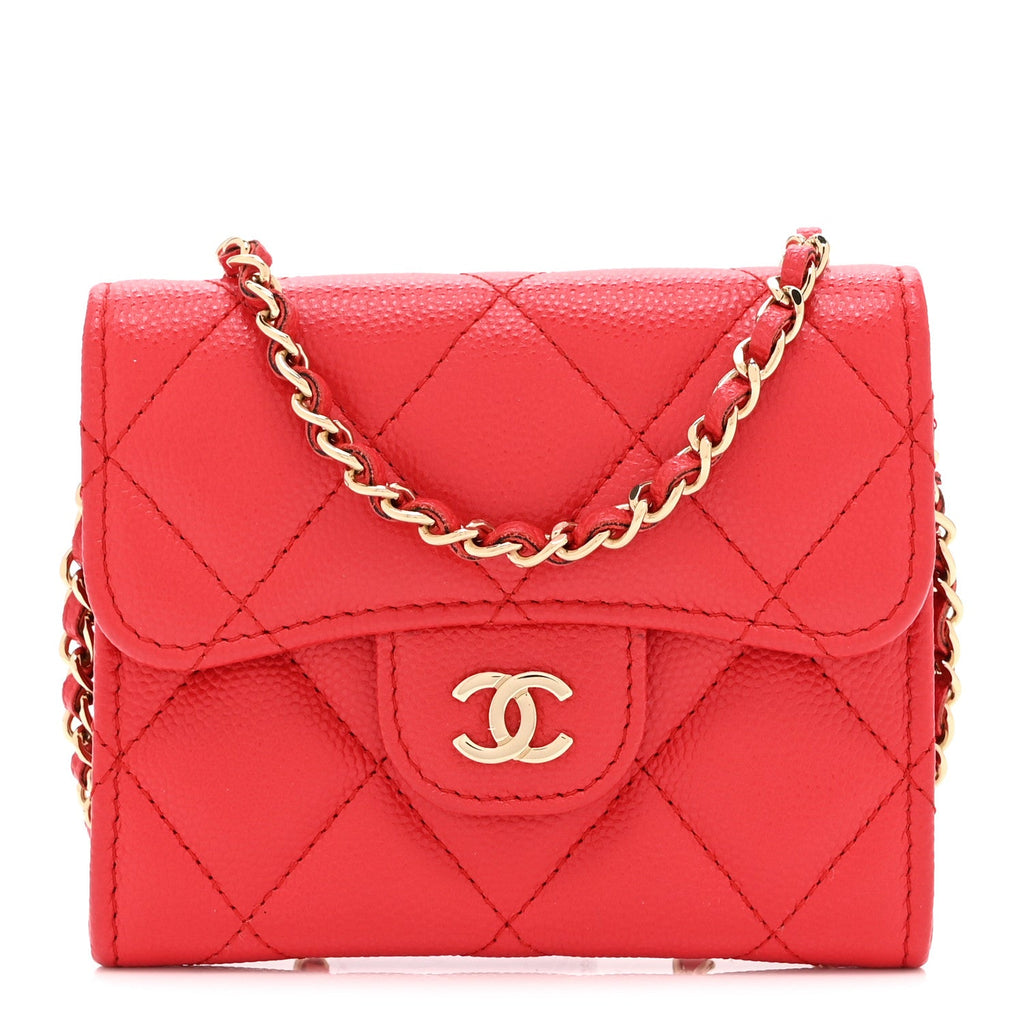 Caviar Quilted Flap  Holder On Chain Red