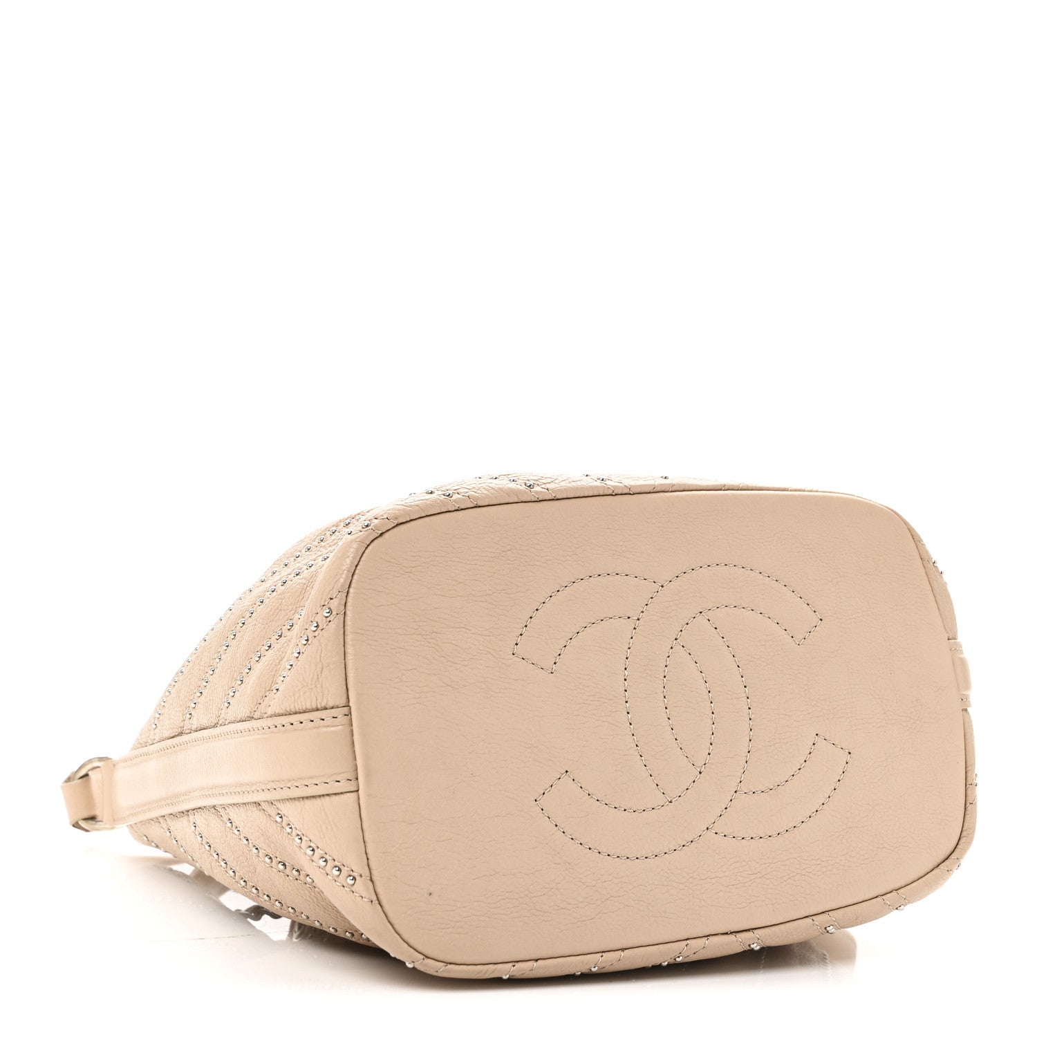 Calfskin Studded Chevron Quilted Small Stud Wars Drawstring Bag Beige