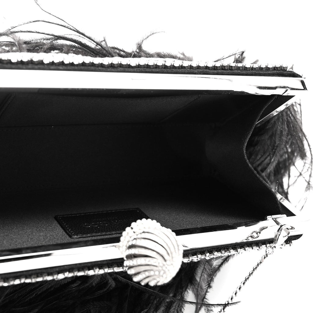 Satin Feather Crystal Embellished Celeste Clutch Black