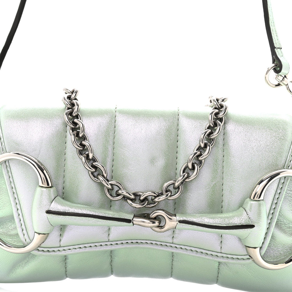Iridescent Nappa Vertical Matelasse Medium Maxi Horsebit Chain Shoulder Bag Iridescent Salvy Green