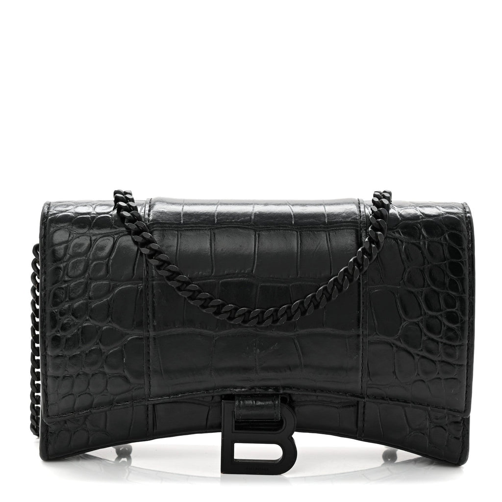 Shiny Calfskin Monochrome Crocodile Embossed Hourglass Chain Bag Black