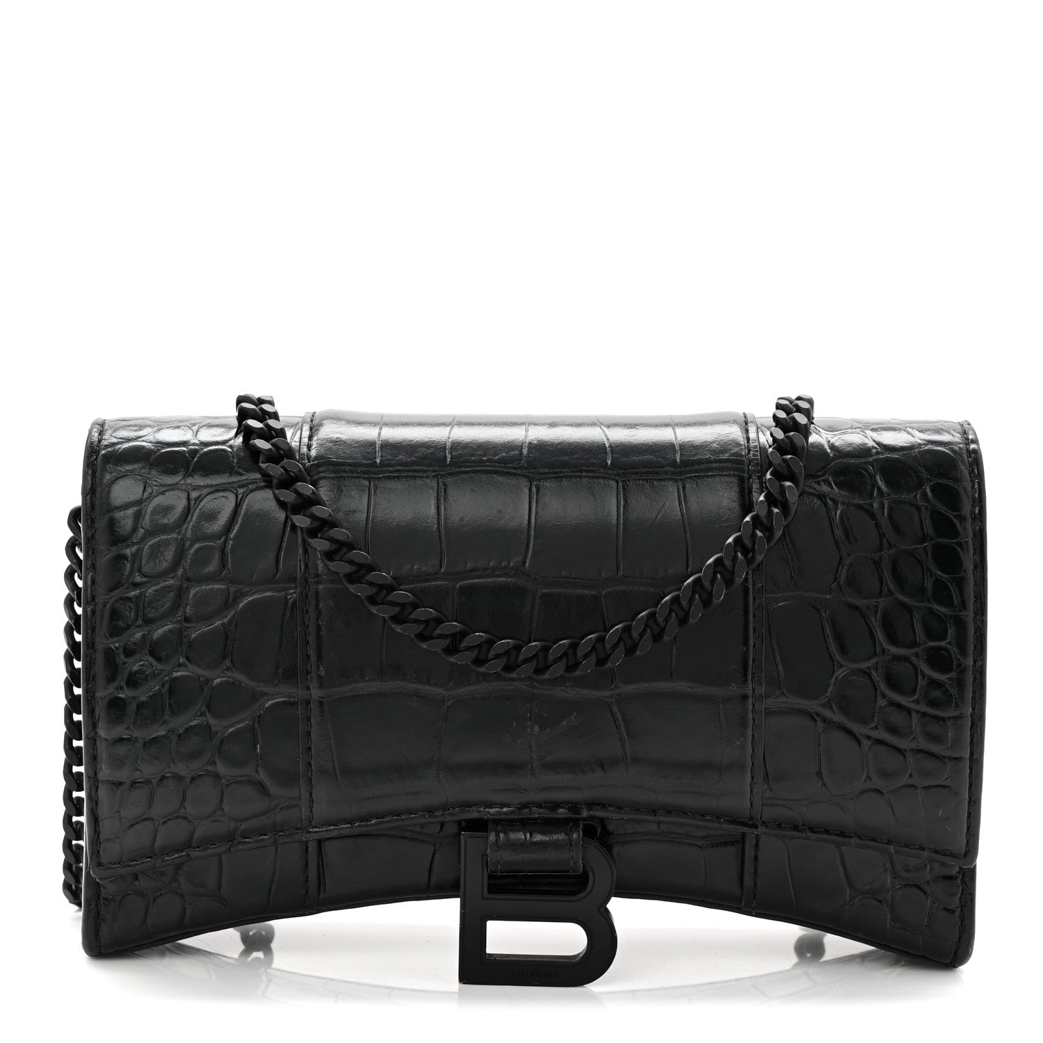 Shiny Calfskin Monochrome Crocodile Embossed Hourglass Chain Bag Black