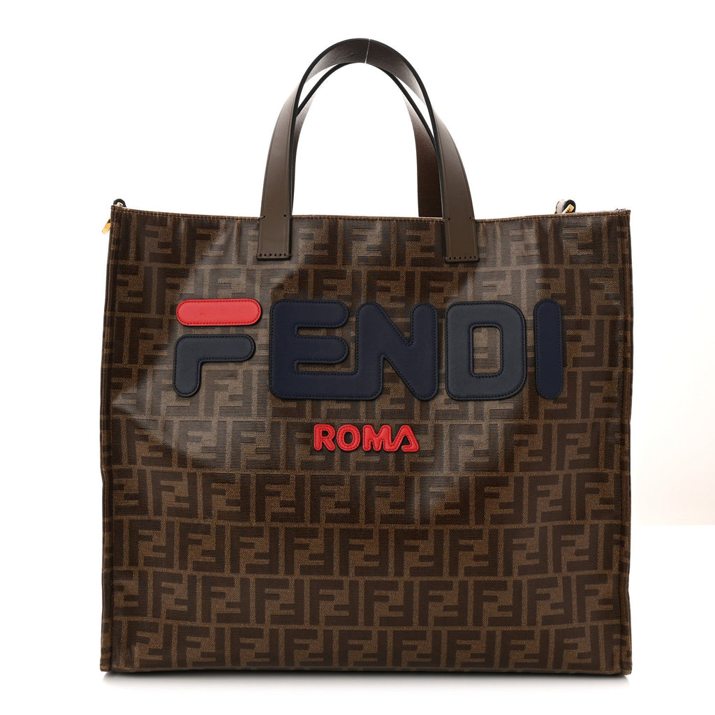 X FILA Glazed Fabric FF 1974 Mania Shopping Tote Bag Mogano Panna Blueberry