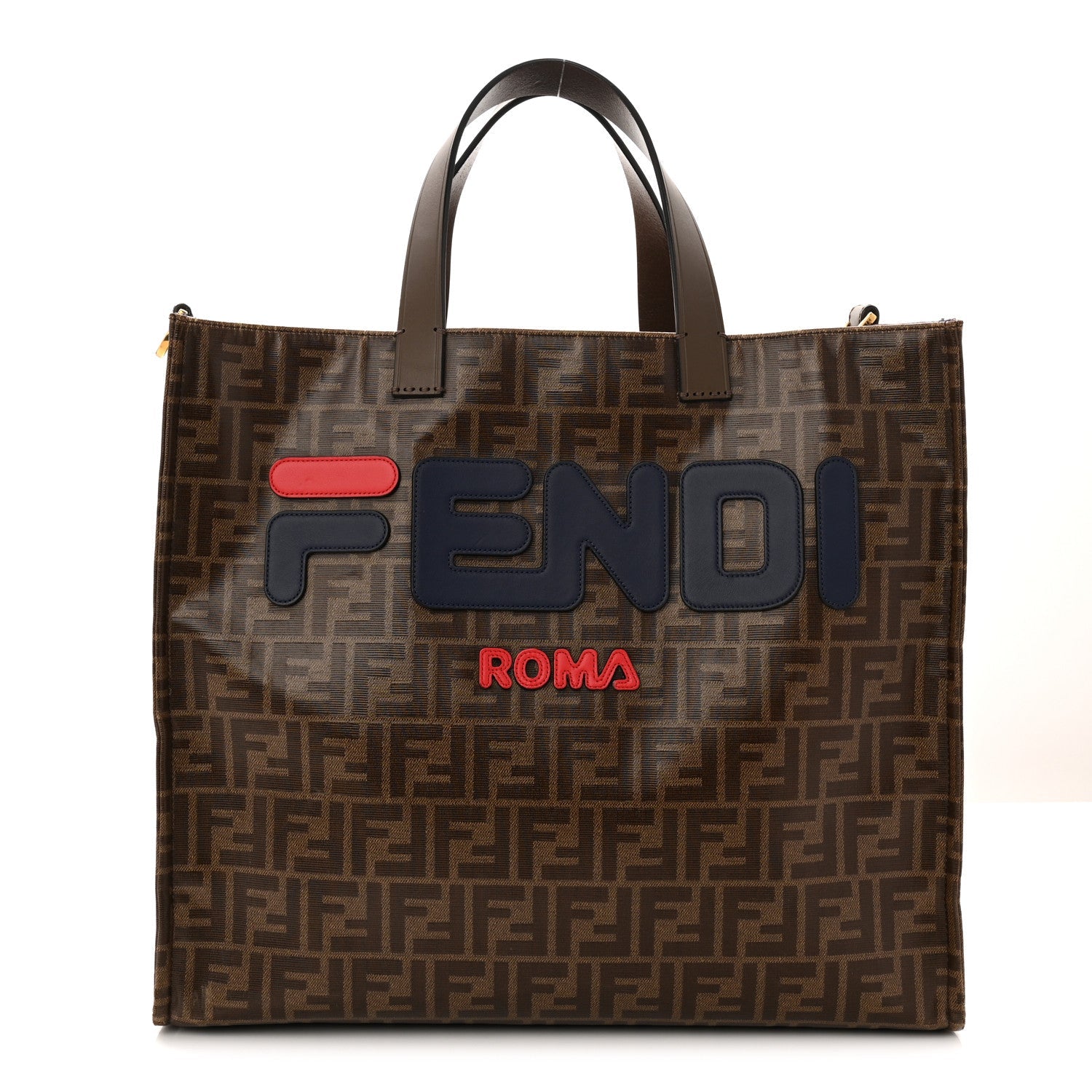 X FILA Glazed Fabric FF 1974 Mania Shopping Tote Bag Mogano Panna Blueberry