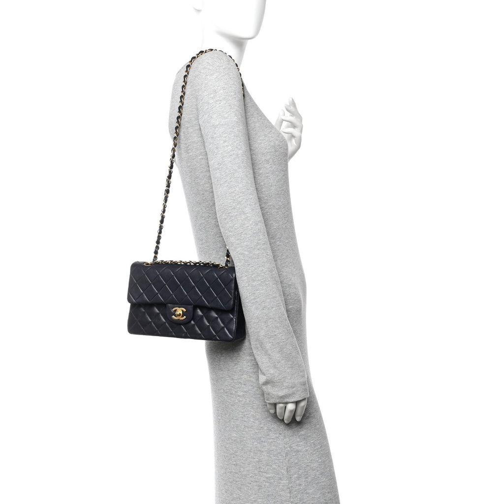 Lambskin Quilted Small Double Flap Navy
