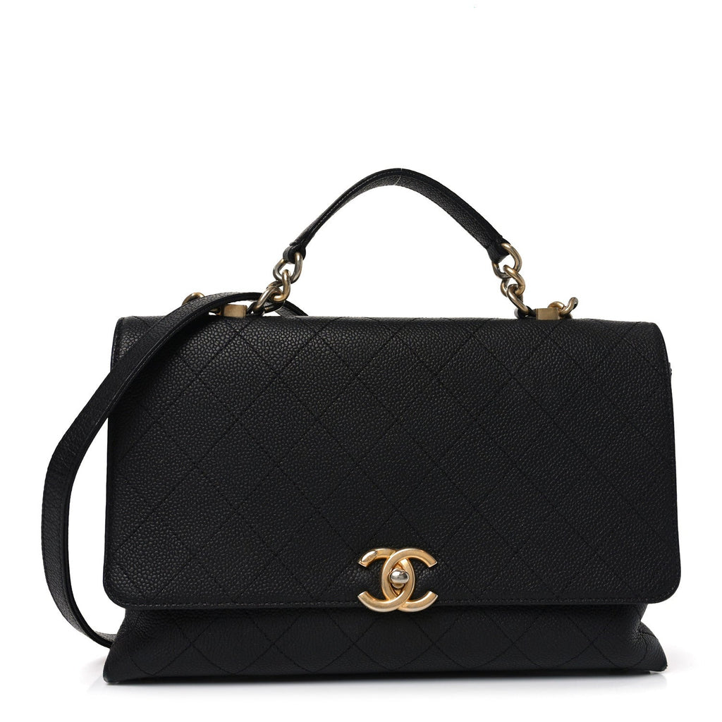Caviar Diamond Stitched Top Handle Flap Black