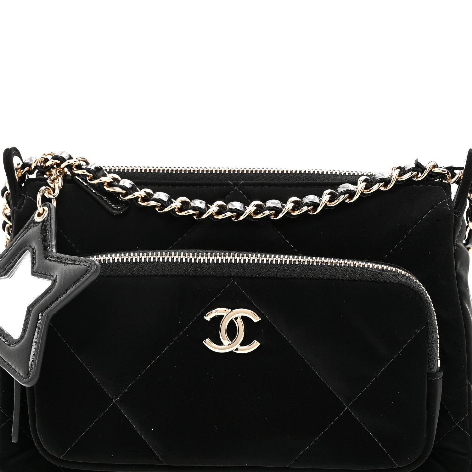 Velvet Effect Nylon Shiny Crumpled Calfskin Mini Quilted Chanel 25 Clutch With Chain Black