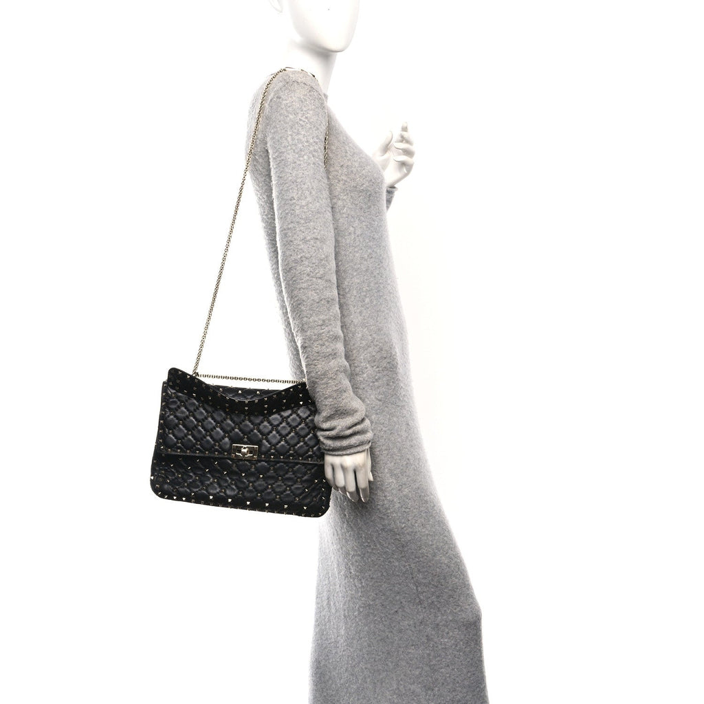 Craquele Nappa Large Rockstud Spike Shoulder Bag Black