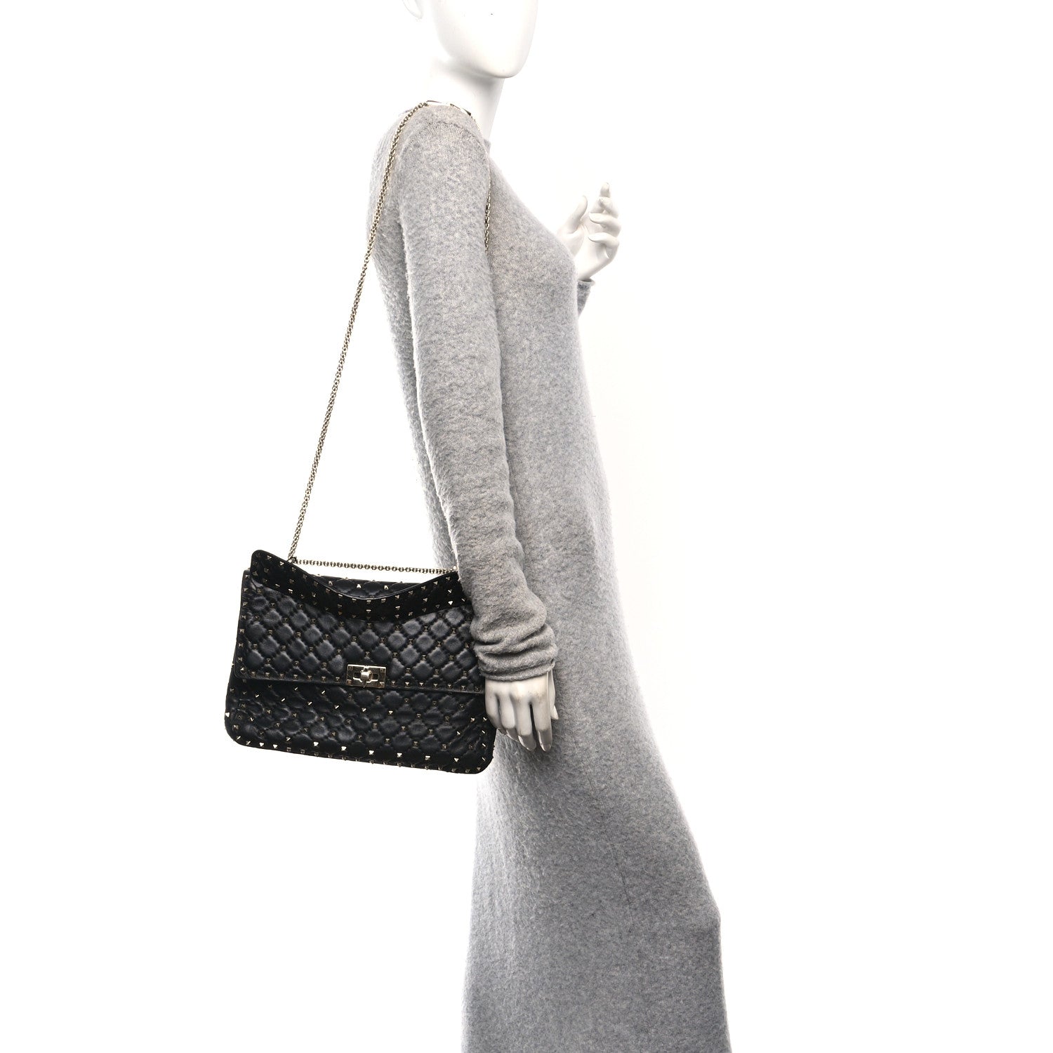 Craquele Nappa Large Rockstud Spike Shoulder Bag Black