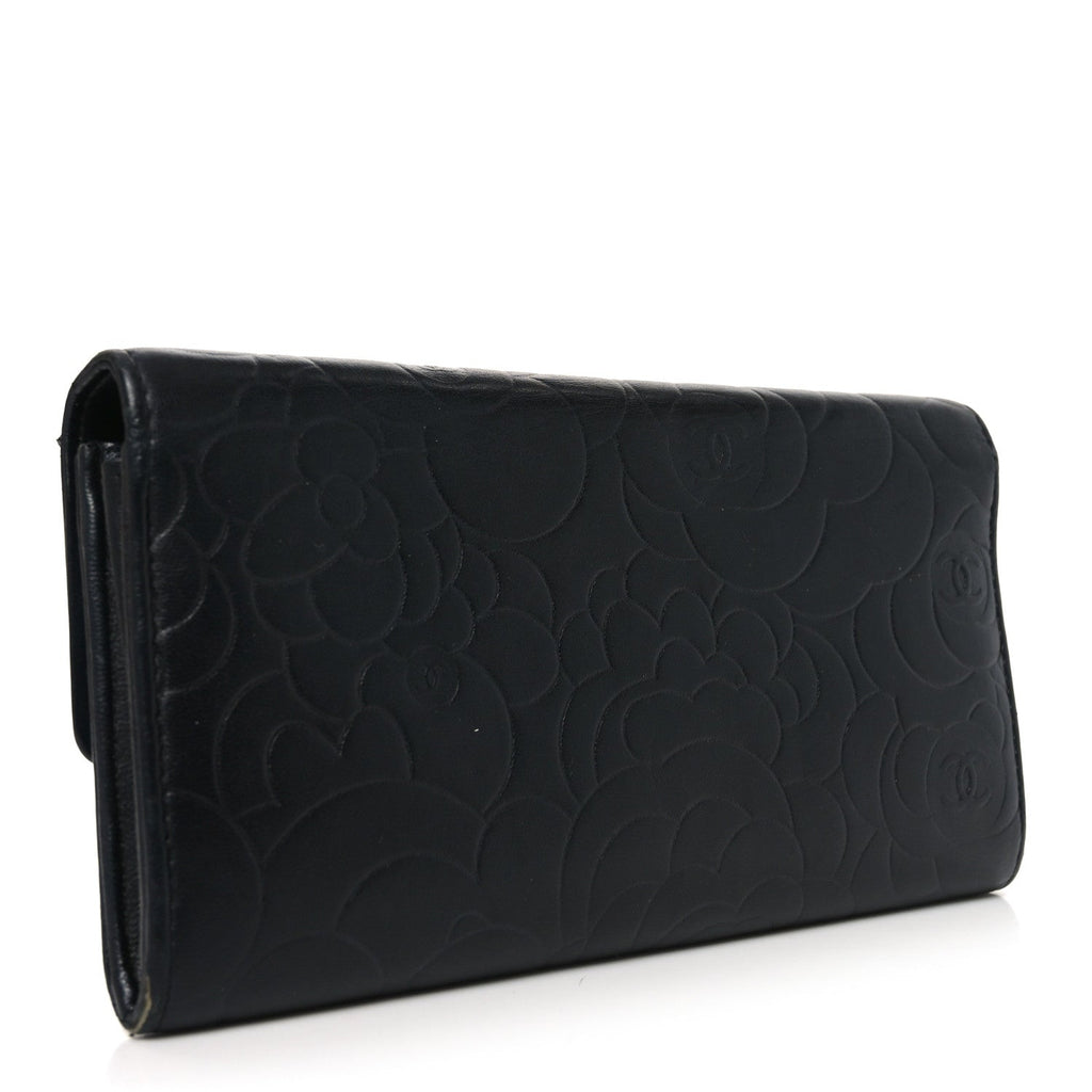 Lambskin Embossed Camellia Large Gusset Flap Wallet Black