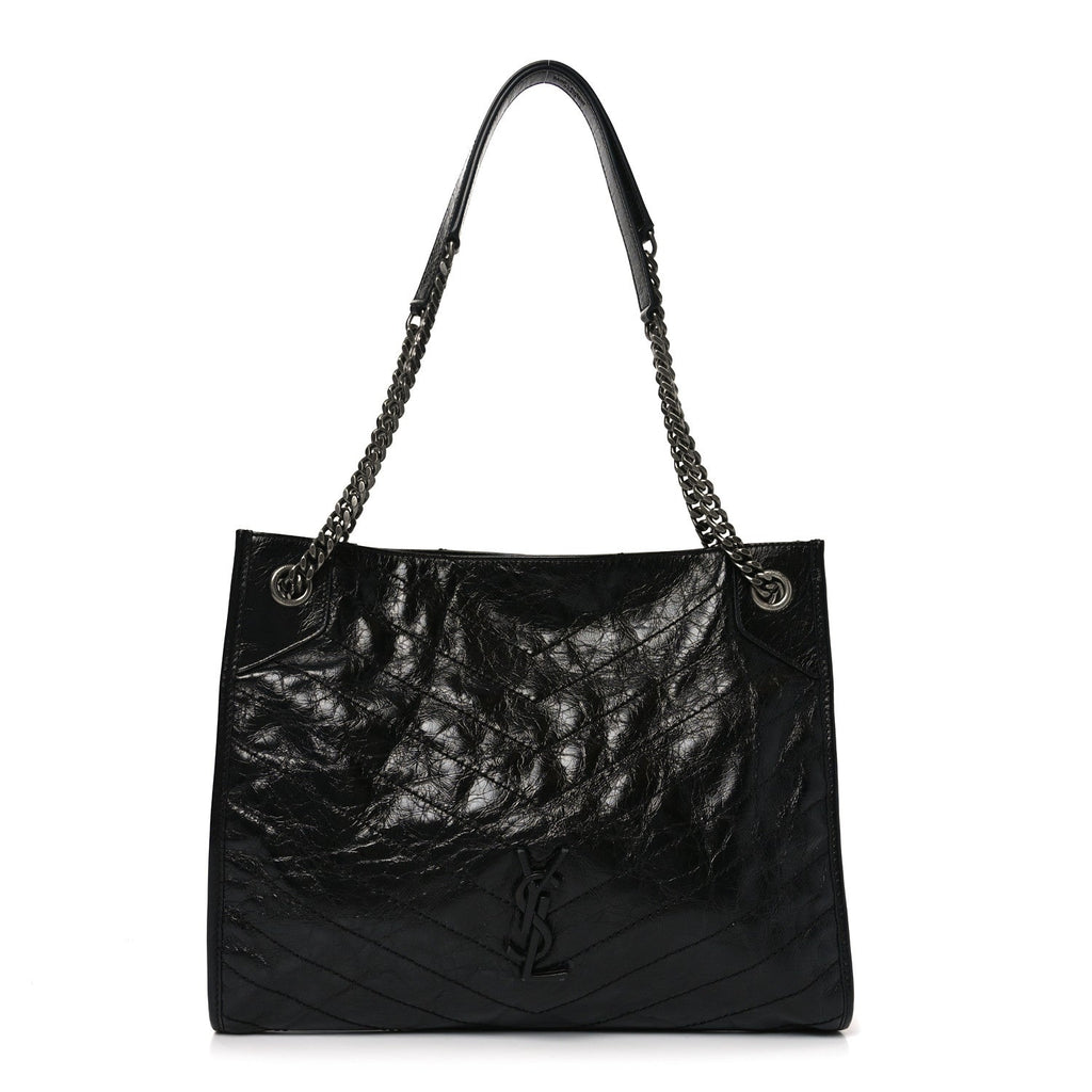 Crinkled Calfskin Matelasse Monogram Medium Niki Shopper Tote Black