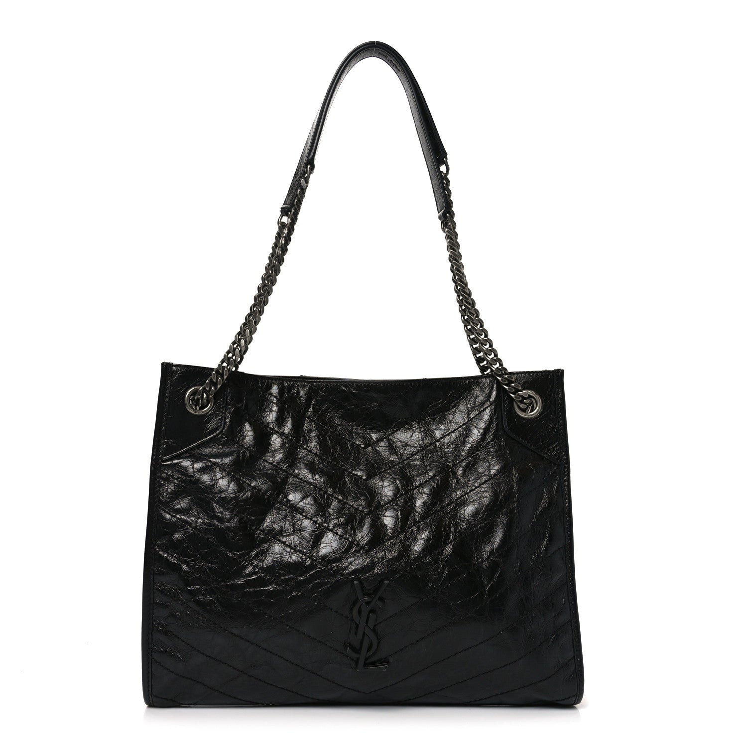 Crinkled Calfskin Matelasse Monogram Medium Niki Shopper Tote Black