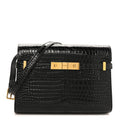 Shiny Calfskin Crocodile Embossed Small Manhattan Baguette Black