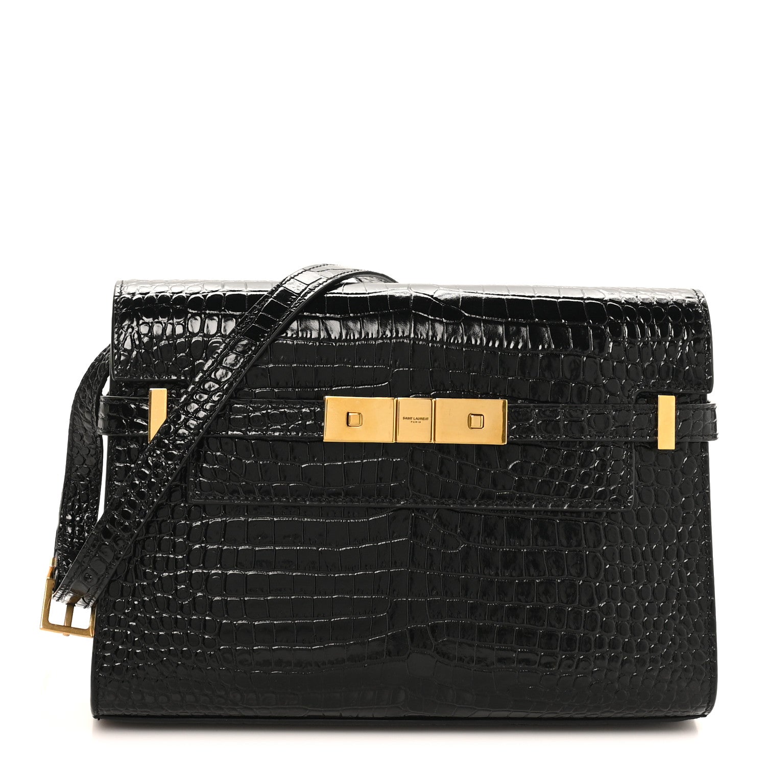 Shiny Calfskin Crocodile Embossed Small Manhattan Baguette Black