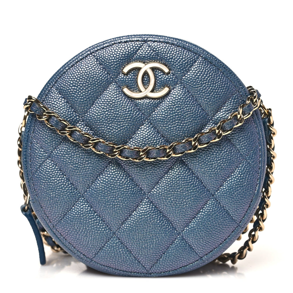 Iridescent Caviar Quilted Round Clutch With Chain Blue