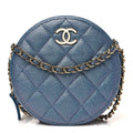 Iridescent Caviar Quilted Round Clutch With Chain Blue