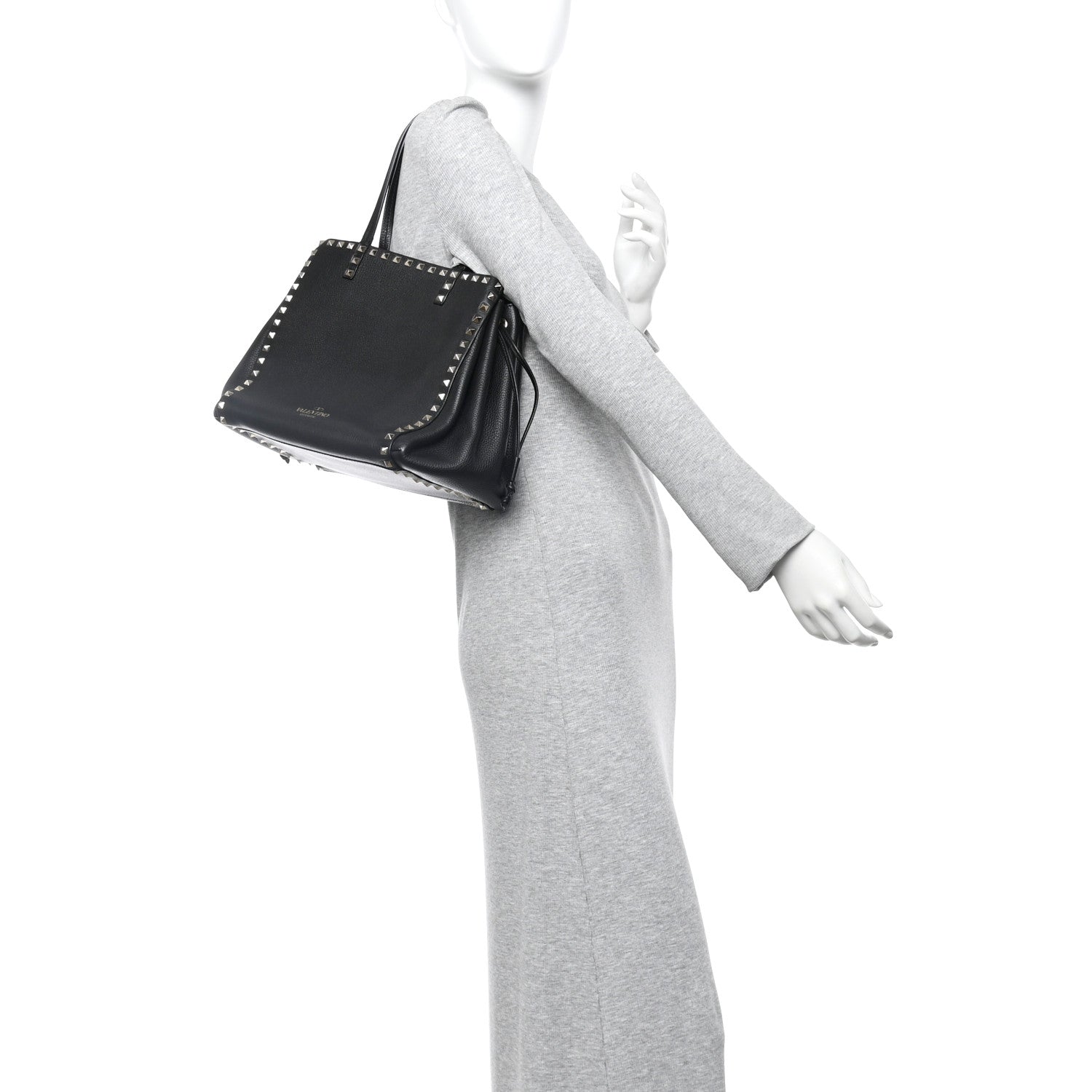 Grained Calfskin Rockstud Double Handle Cinch Tote Black
