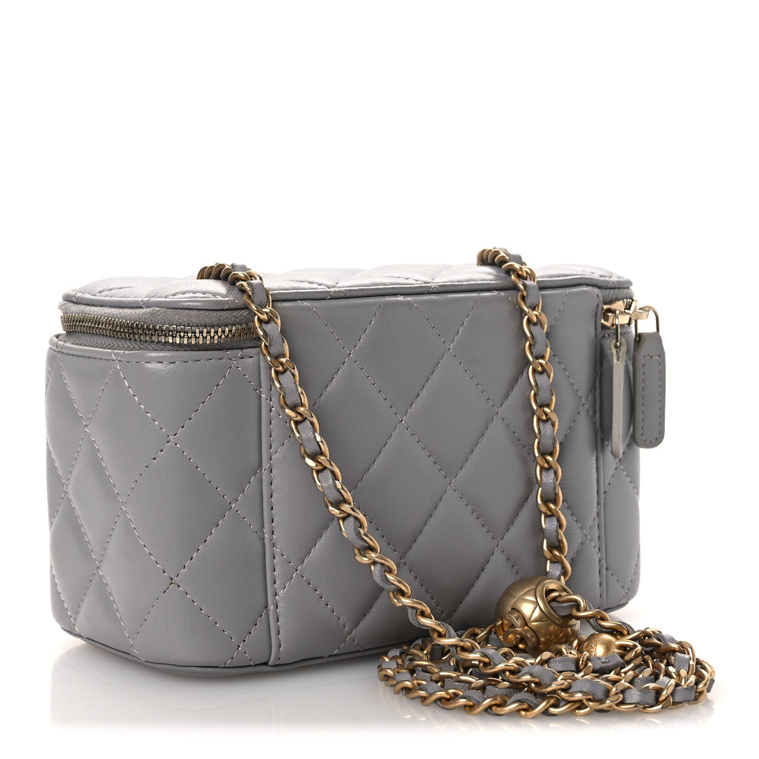 Lambskin Quilted Small Pearl Crush Vanity Case With Chain Grey