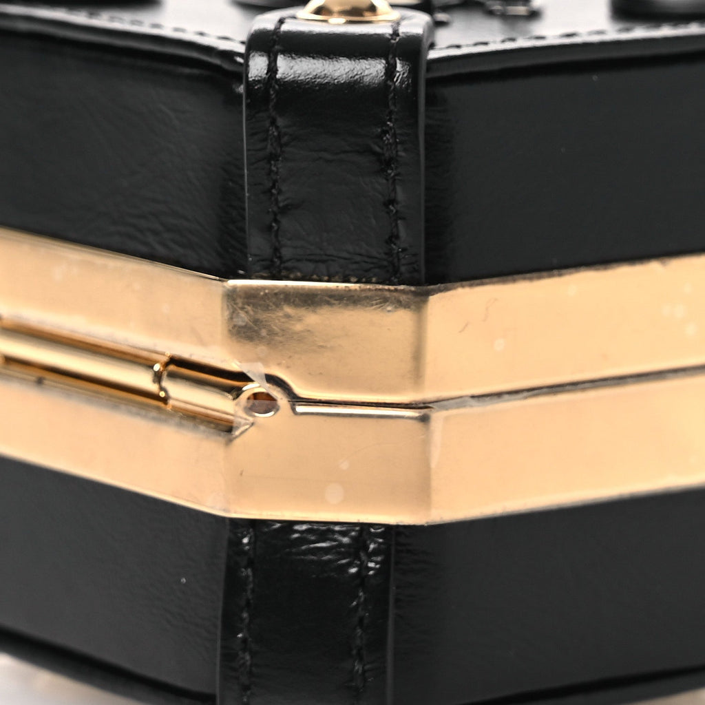 Shiny Crumpled Calfskin Minaudiere Clutch With Chain Black