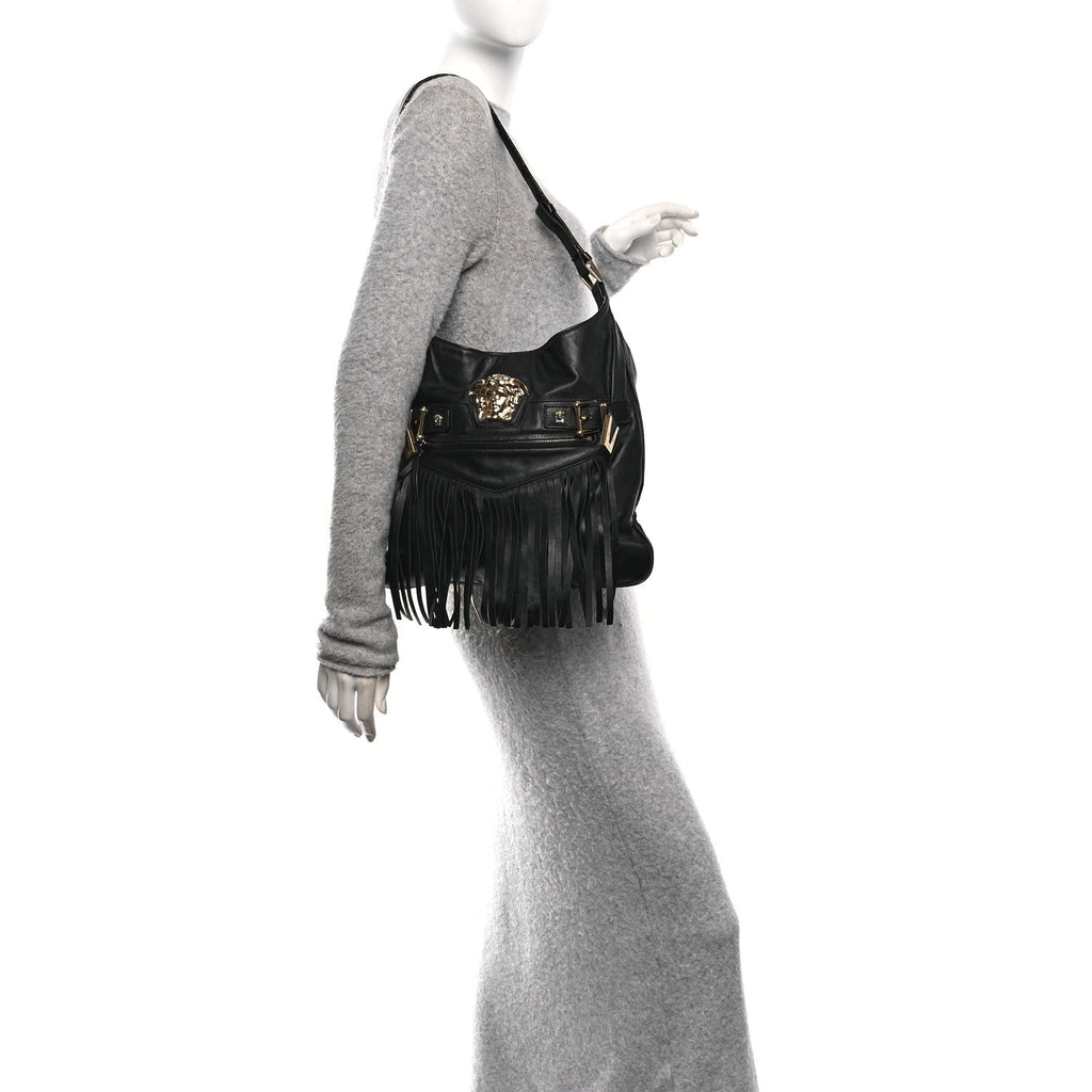 Calfskin Palazzo Fringe Shoulder Bag Black