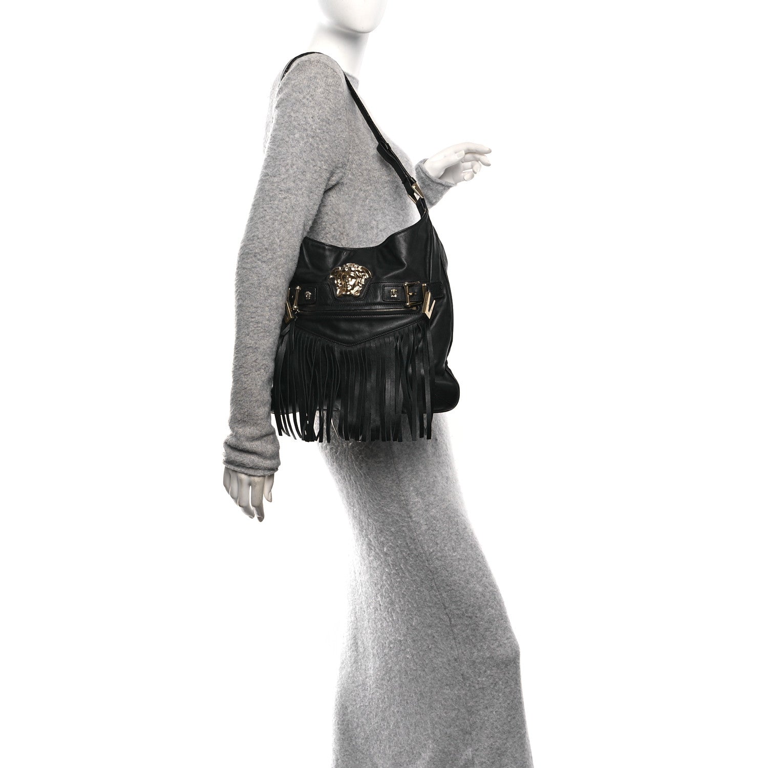 Calfskin Palazzo Fringe Shoulder Bag Black