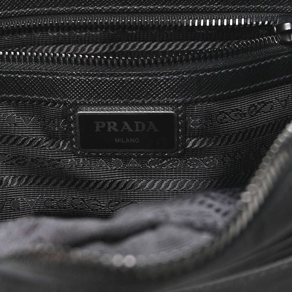 Re-Nylon Vela Saffiano Pocket Double Zip Shoulder Bag Black