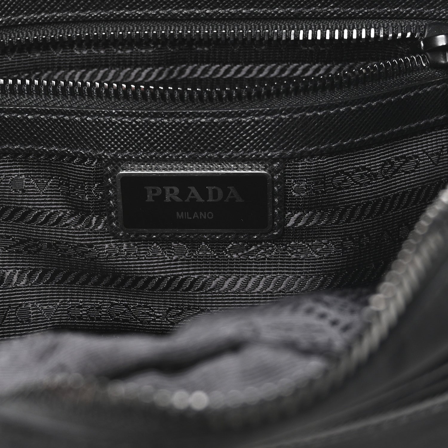 Re-Nylon Vela Saffiano Pocket Double Zip Shoulder Bag Black